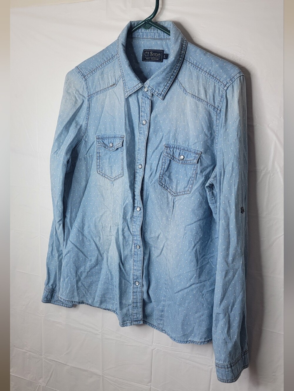 Ci Sono Light Blue Dot-Print Denim Button-Down Shirt